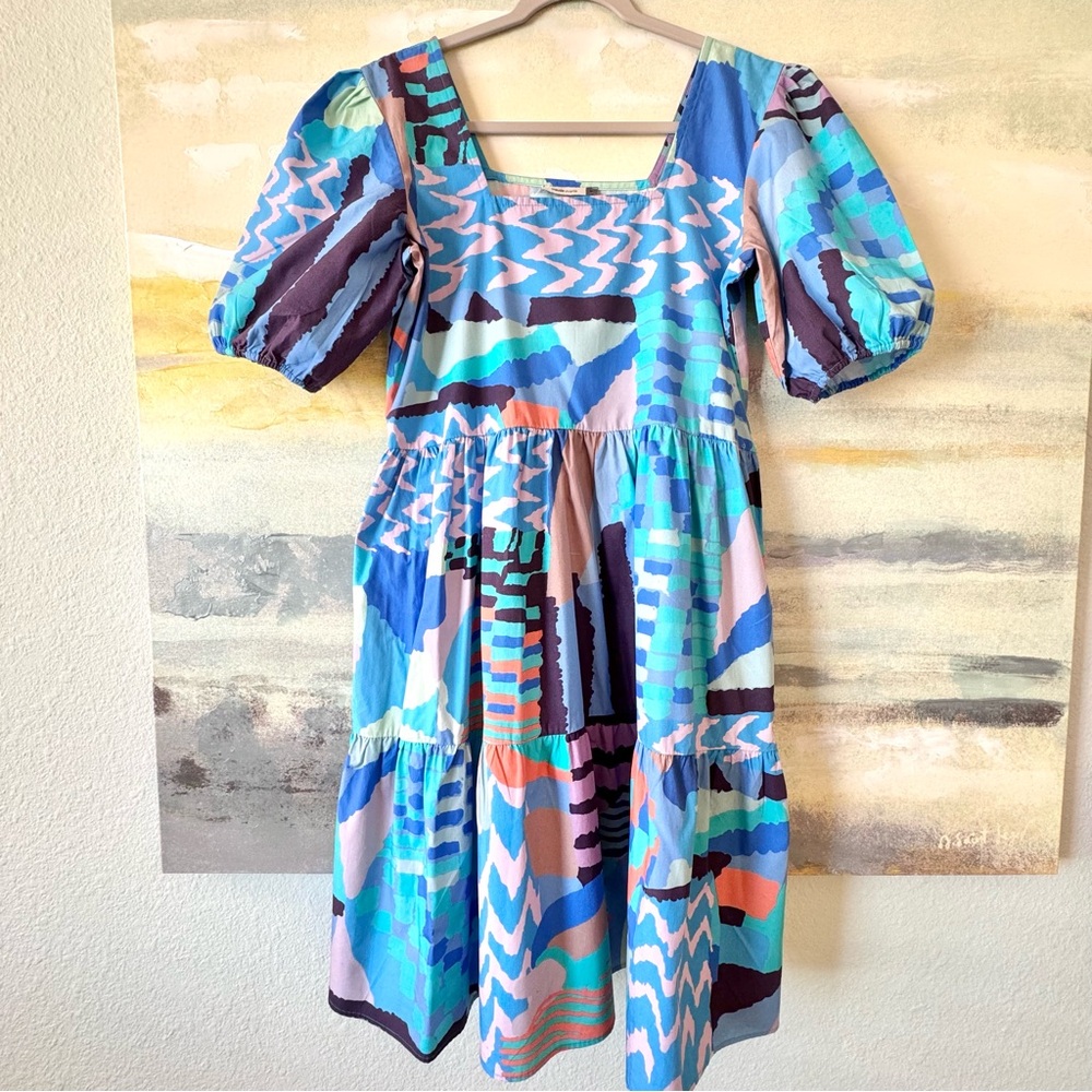 Maude Vivante Aria Dress Blue Abstract Ocean Print Sz L